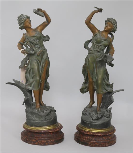 A pair of painted spelter figures Melody and Poetry